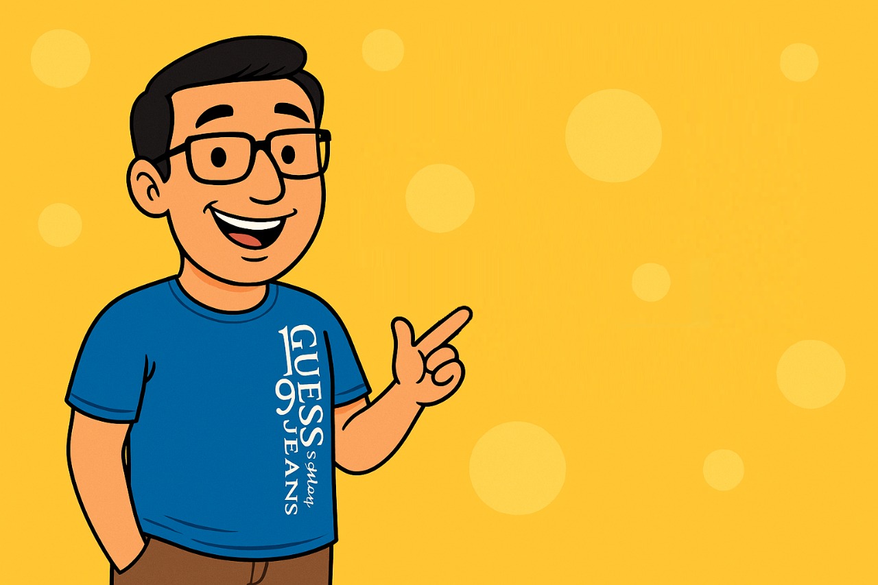 Cartoon of a man pointing and smiling